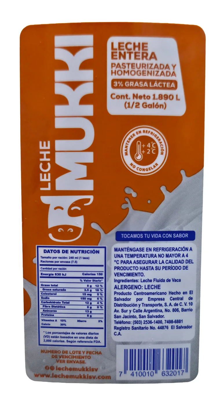 Tabla nutricional de ½ Galón de Leche Entera