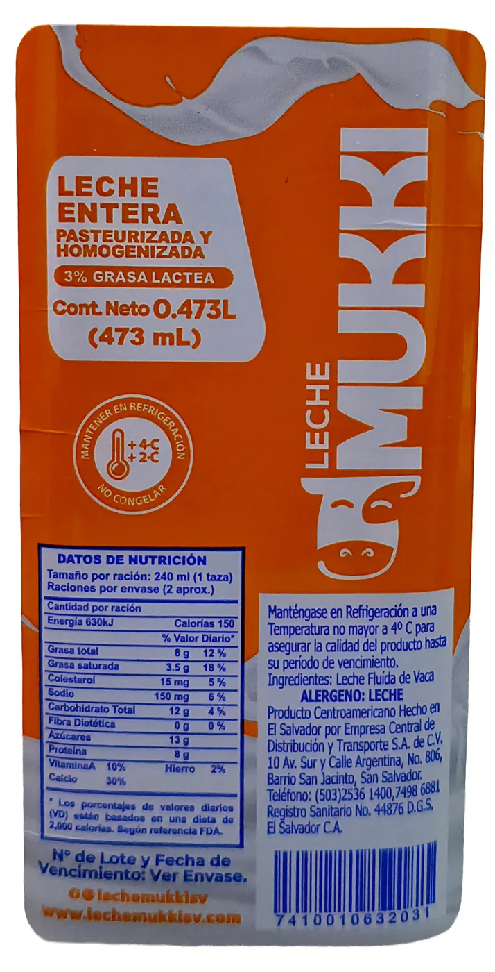 Tabla nutricional de ½ Litro de Leche Entera